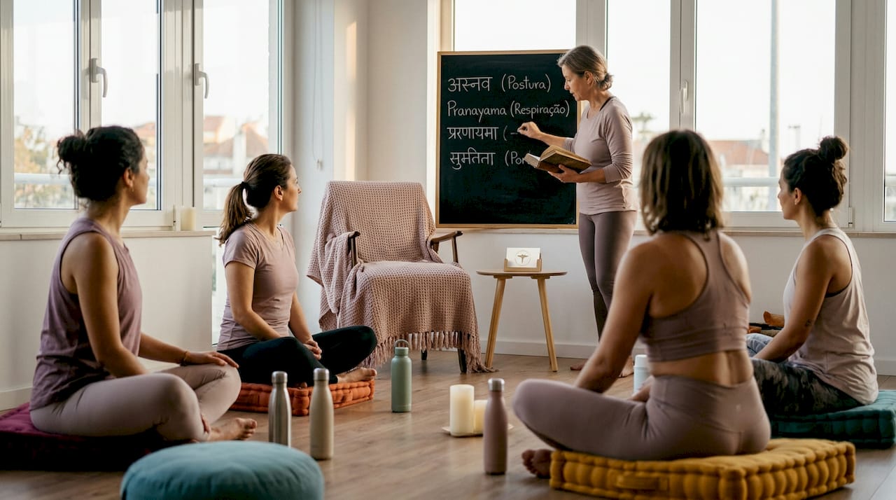 Aula de yoga contemporânea onde se exploram os principais termos em sânscrito