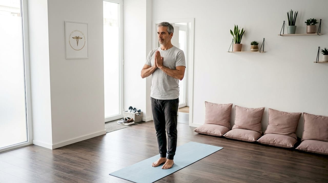 Homem a fazer yoga na sala de estar