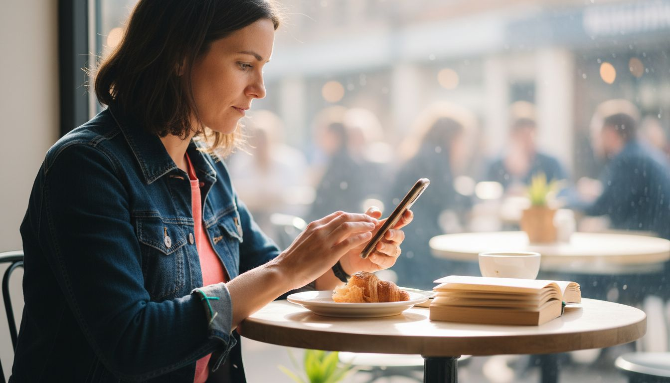 Woman verifying identity on phone in café