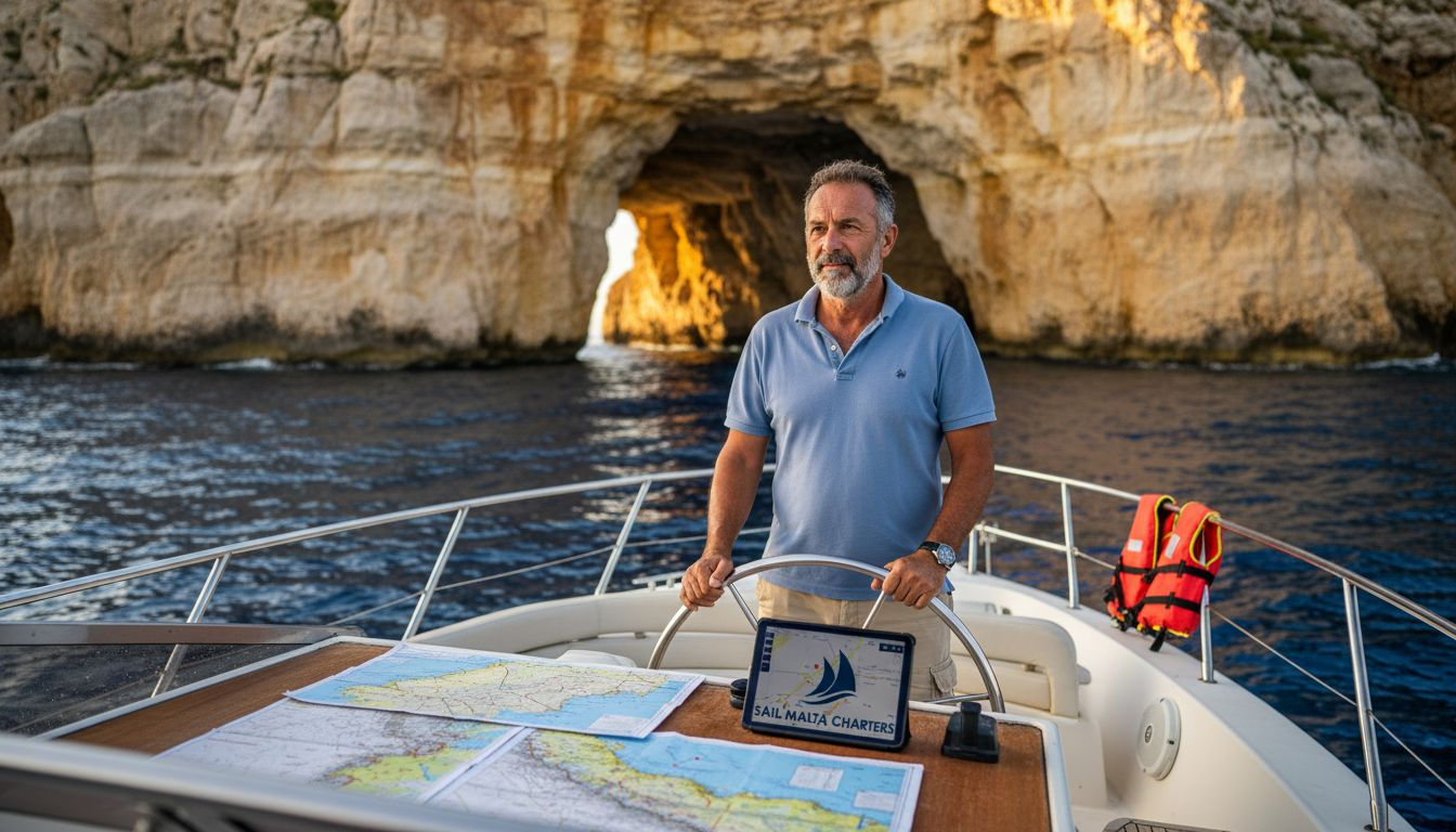 Skipper steering yacht near Malta sea caves