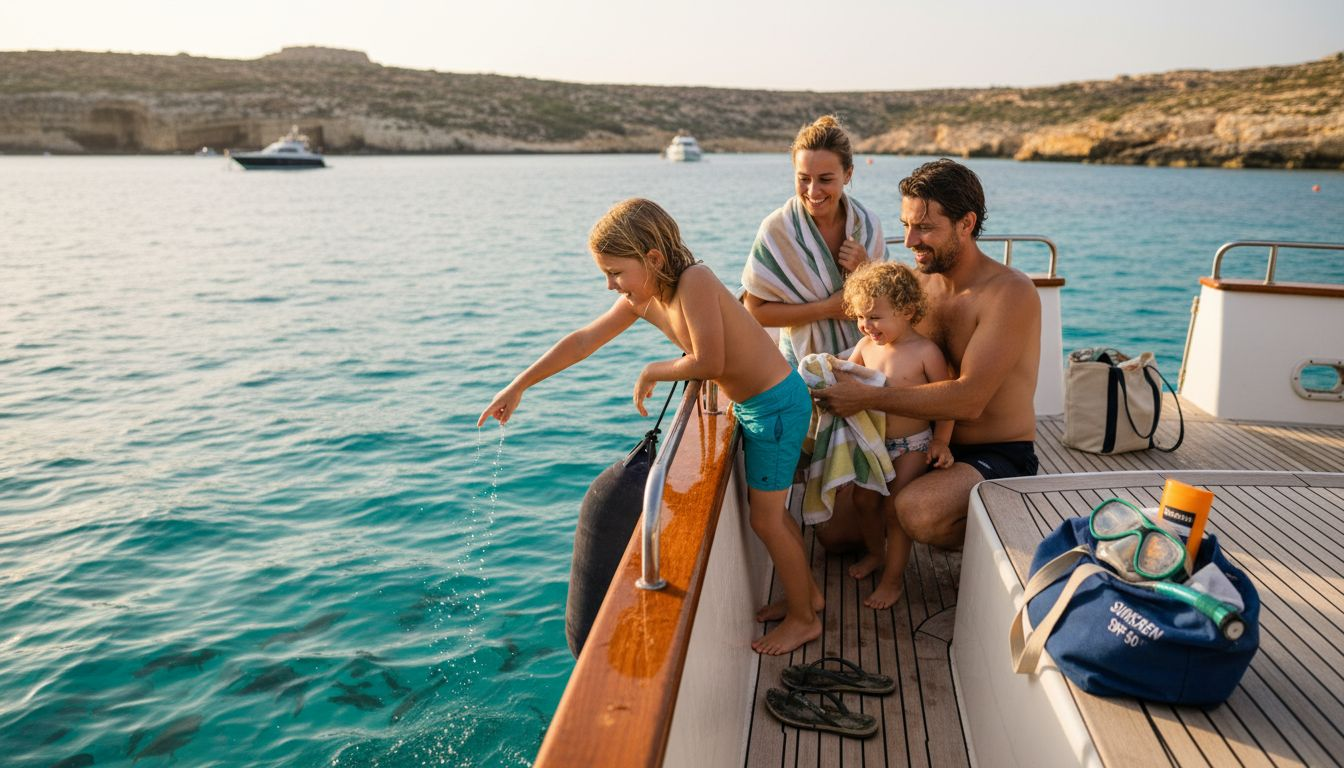 Family aboard boat near Malta Blue Lagoon