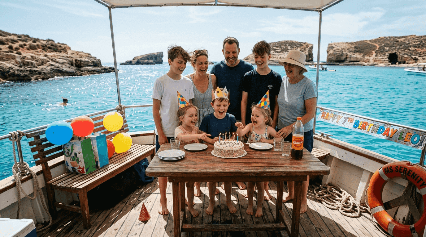 Family birthday party aboard Malta boat