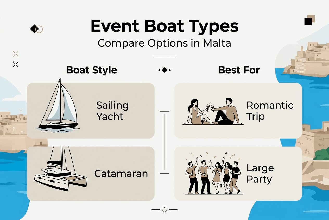 Infographic comparing event boat types in Malta