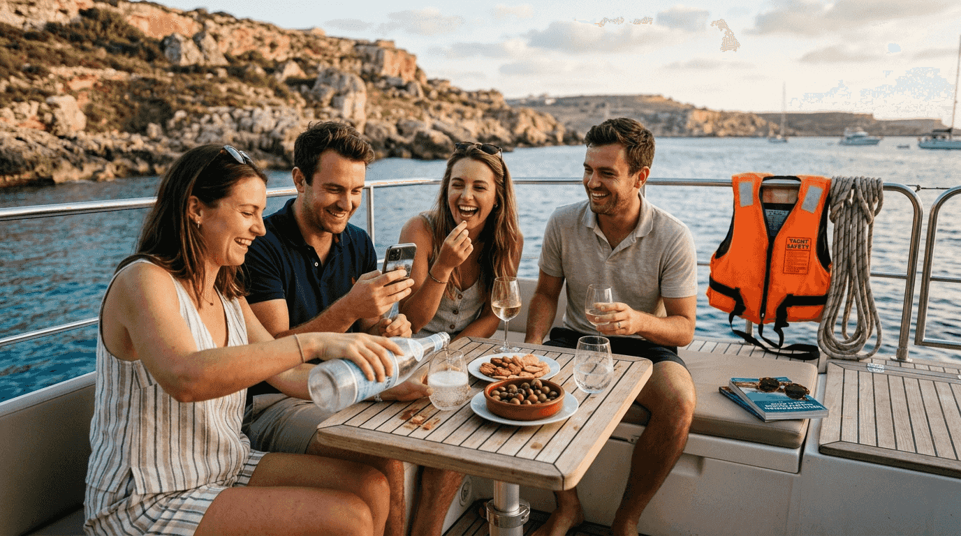 Friends sharing snacks on private sunset yacht