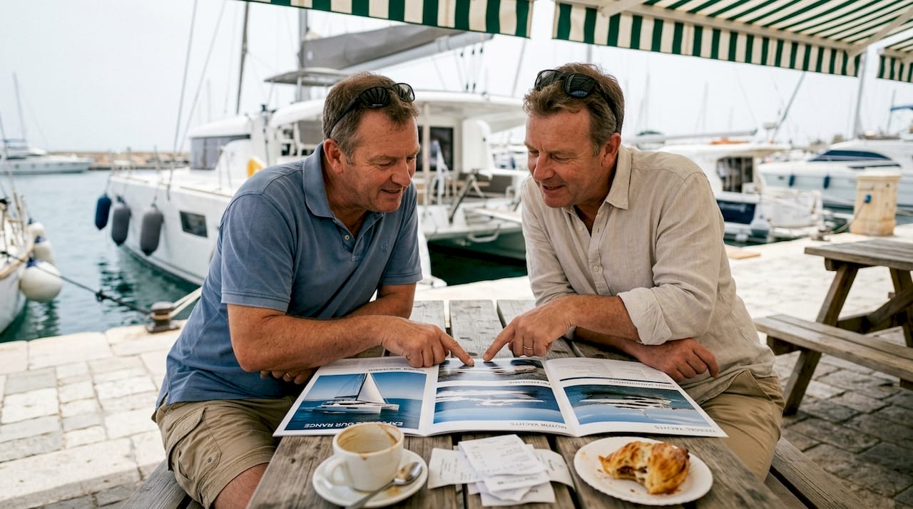 Friends reviewing Malta boat charter brochures