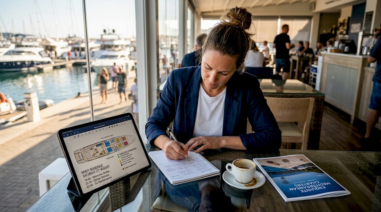 Charter planner reviewing yacht schedule