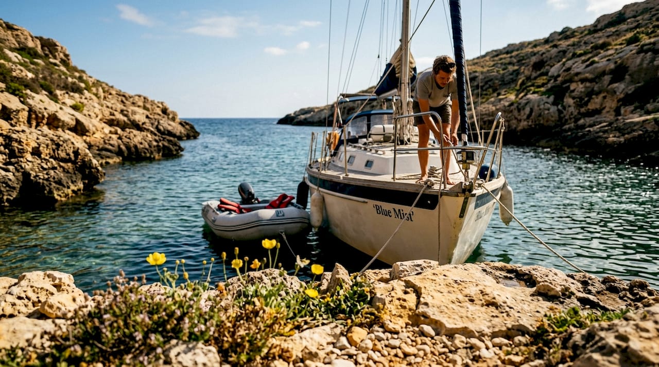 Sailing yacht anchored at secluded Malta cove