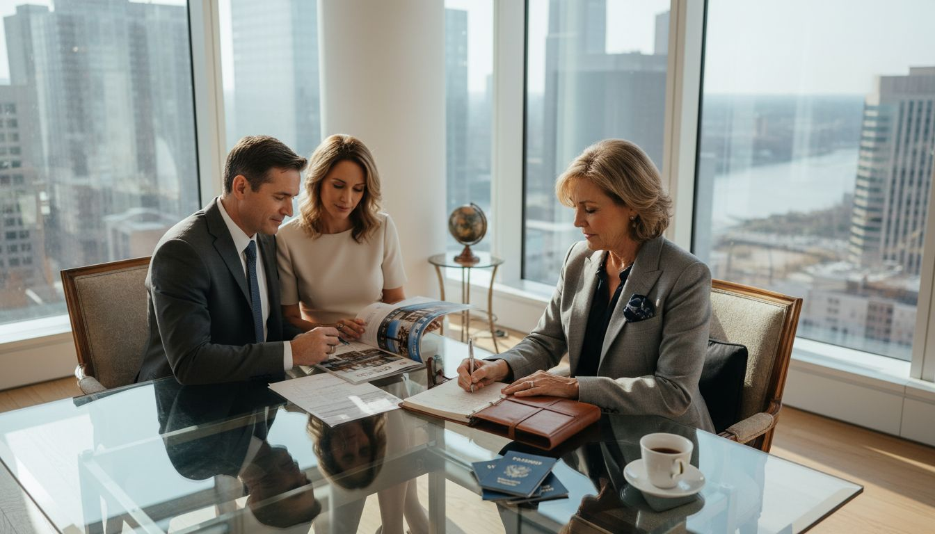 Consultant and clients in luxury travel office