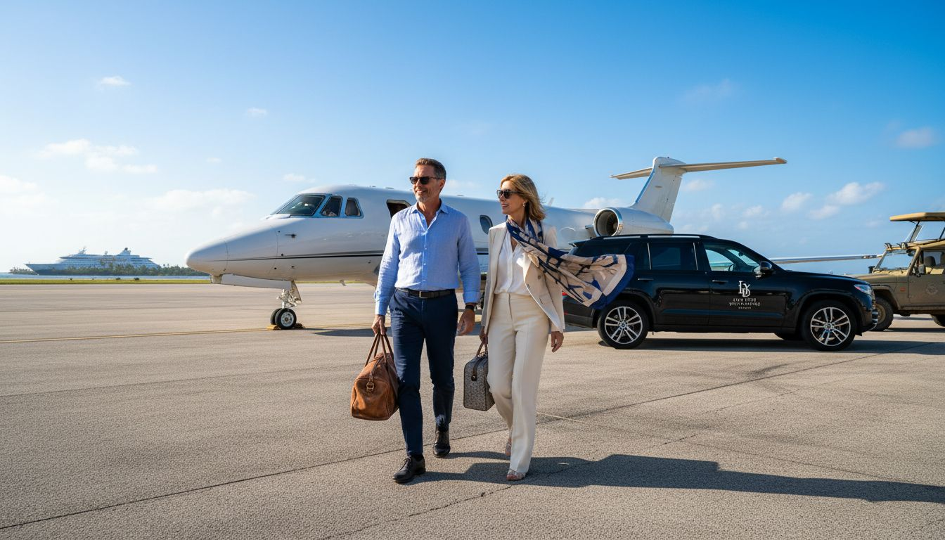 Affluent couple at private jet runway with luxury travel details