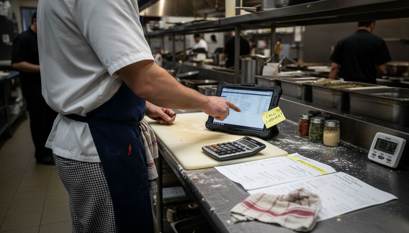 Chef using tablet to price menu items