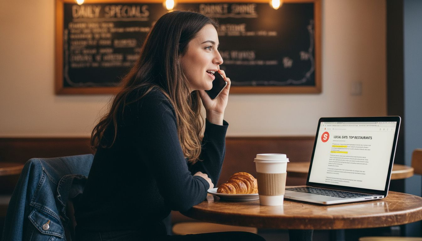 Client de café utilisant la recherche vocale à table