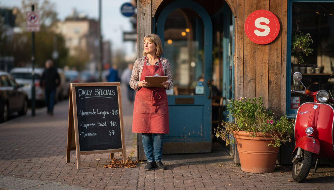 Propietario de restaurante afuera revisando letrero de pizarra