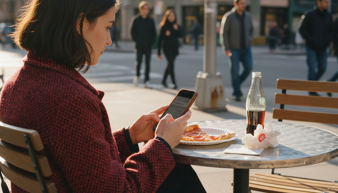 Customer searches restaurant on smartphone outdoors