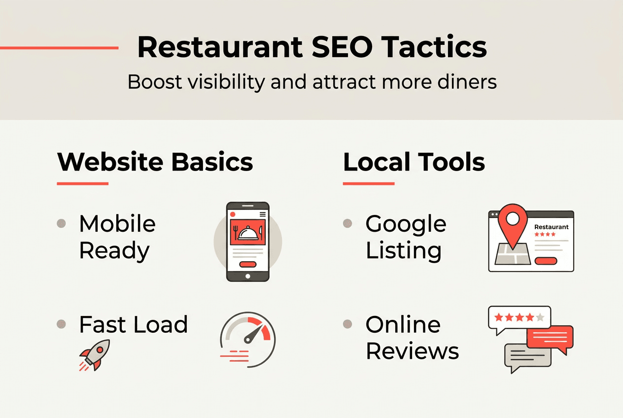 Infographie avec les catégories de tactiques SEO pour restaurants