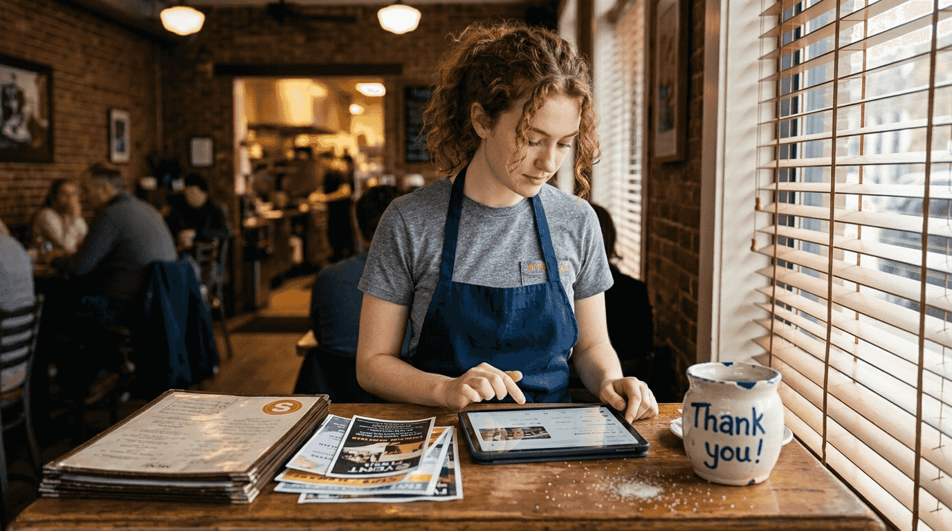 Serveuse mettant à jour la fiche Google du restaurant