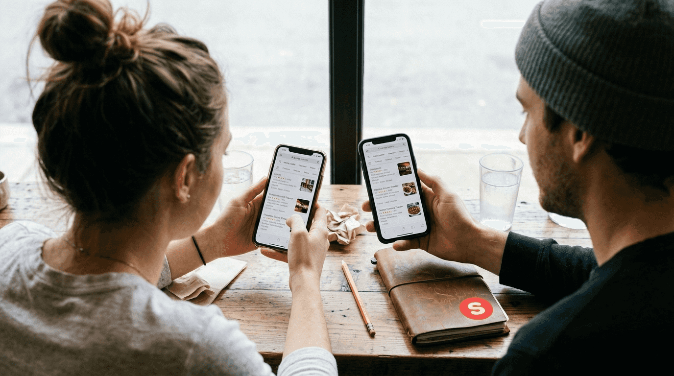 Personnes comparant les résultats de recherche de restaurants sur téléphones