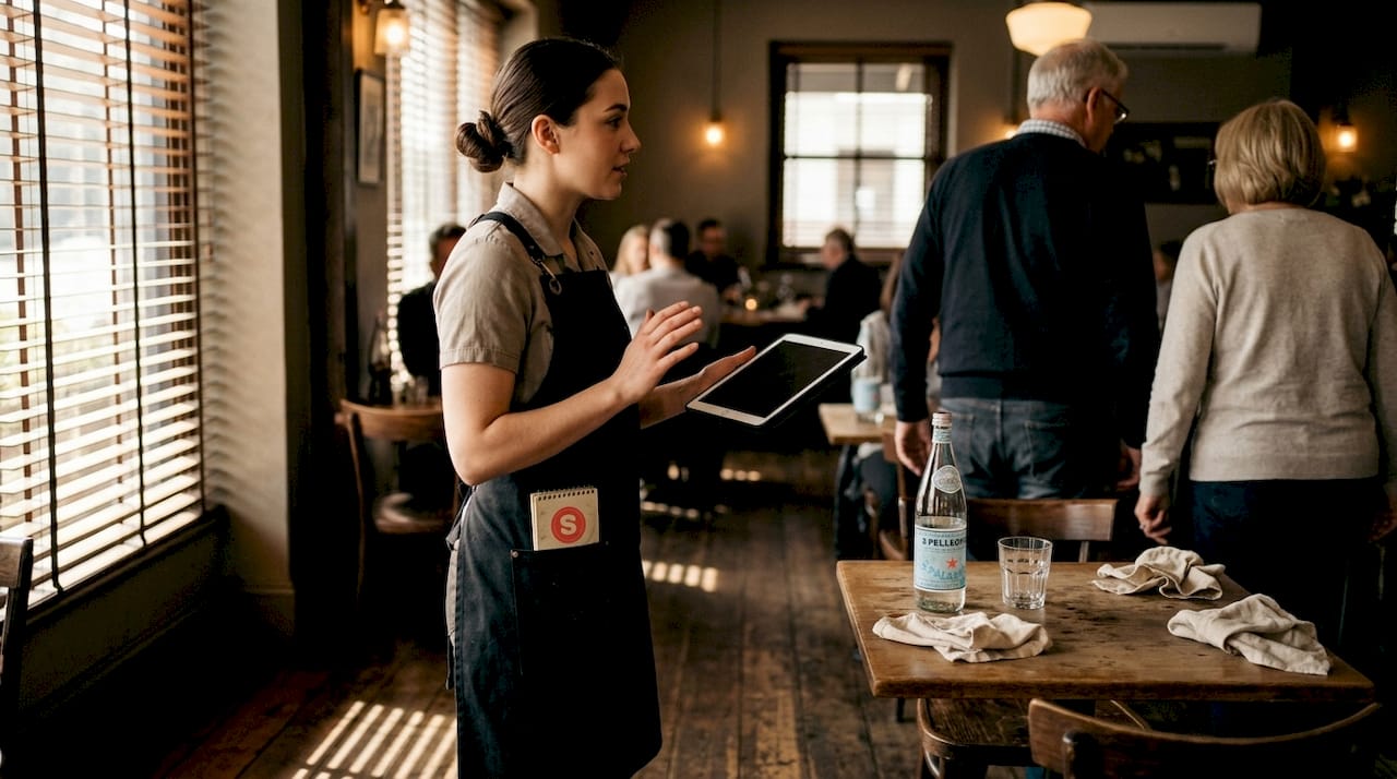 Serveur demandant un avis aux clients dans le restaurant