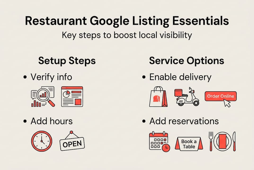 Infographie avec les étapes de configuration de fiche Google et options