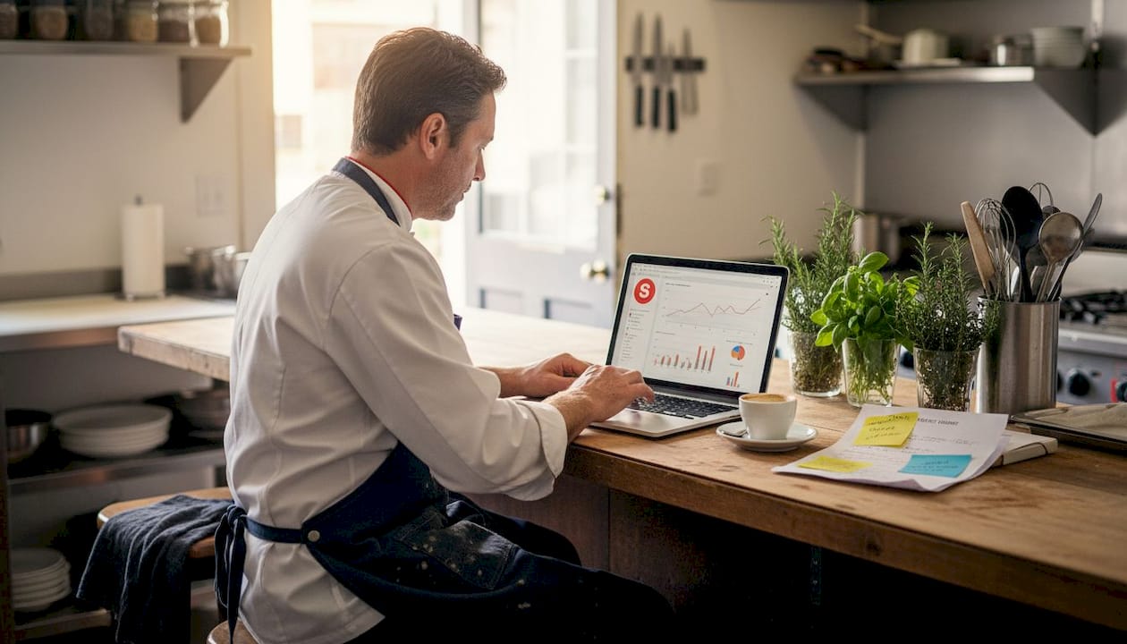 Propriétaire examine les publicités numériques au comptoir de cuisine