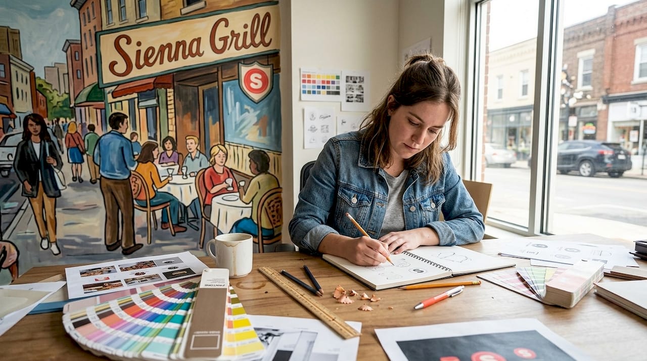 Designer sketching restaurant logo concepts