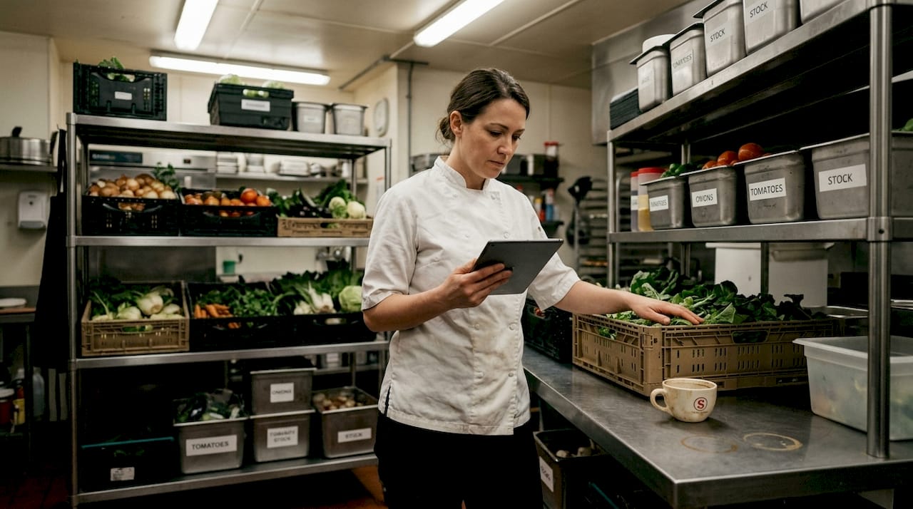 Chef vérifie l'inventaire avec une tablette numérique