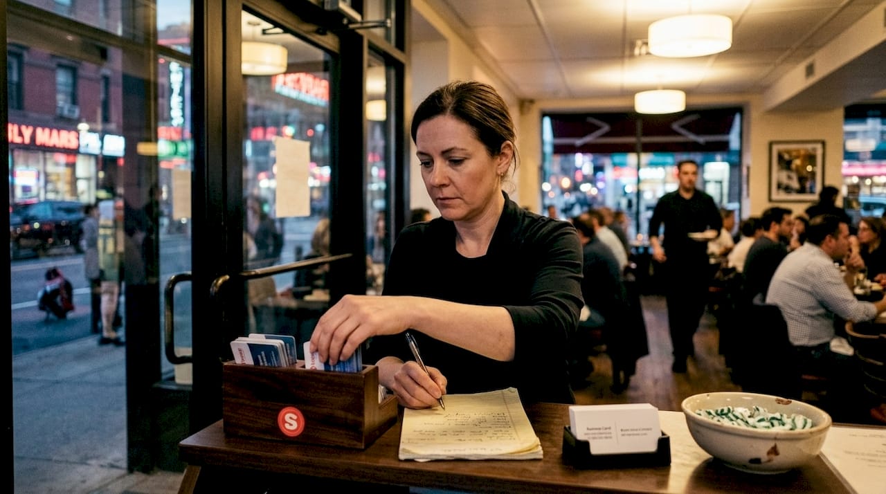 Manager arranges loyalty cards at restaurant entry