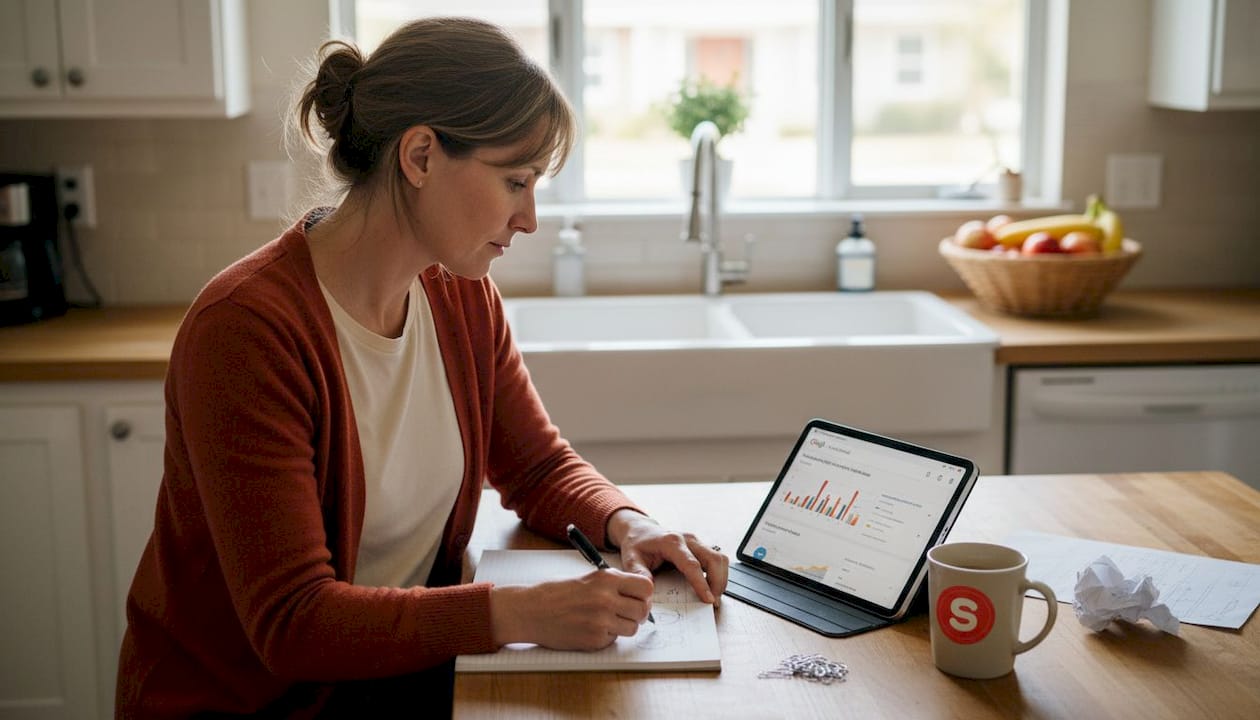 Marketer planning PPC campaign at kitchen island