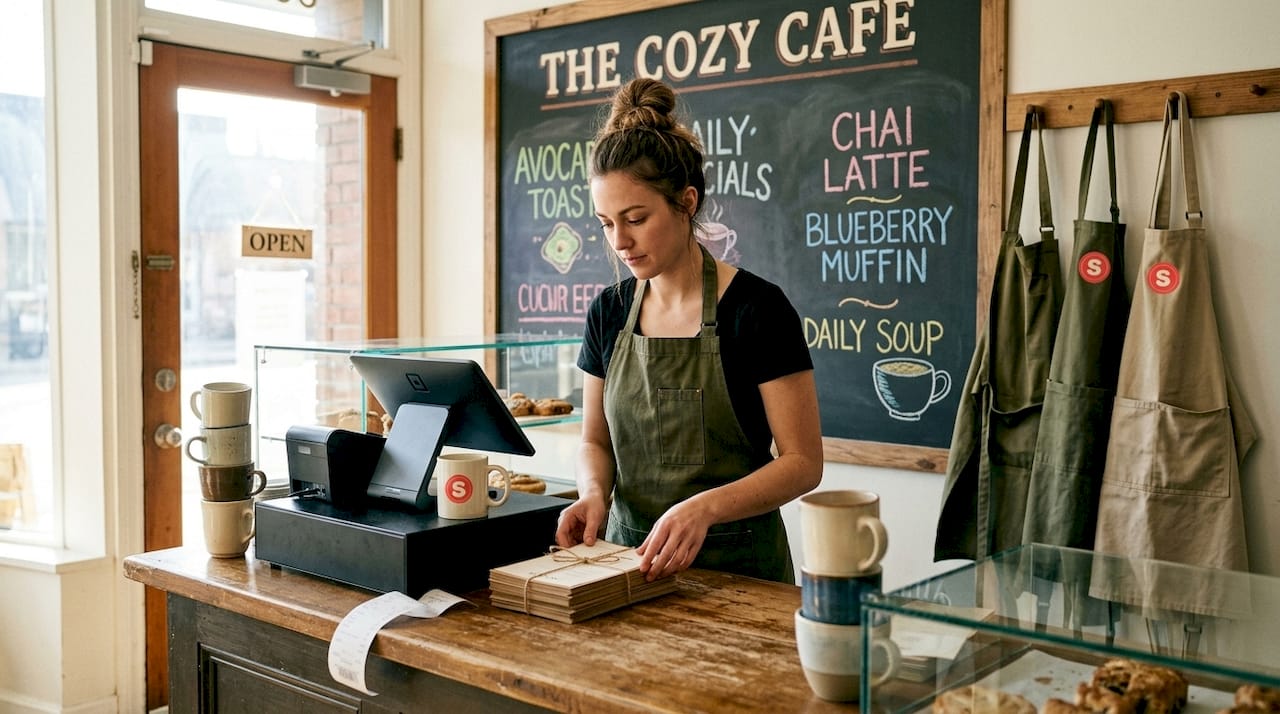 Manager arranging branded café menu and signage
