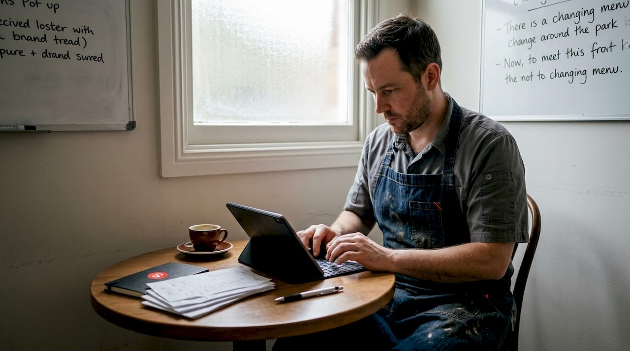 Chef at table writing email to customers
