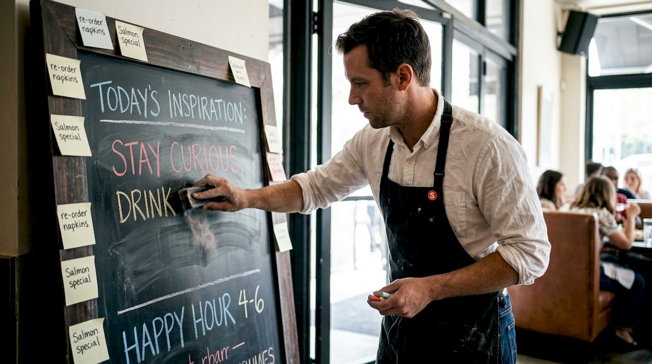 Restaurant manager updating branding chalkboard
