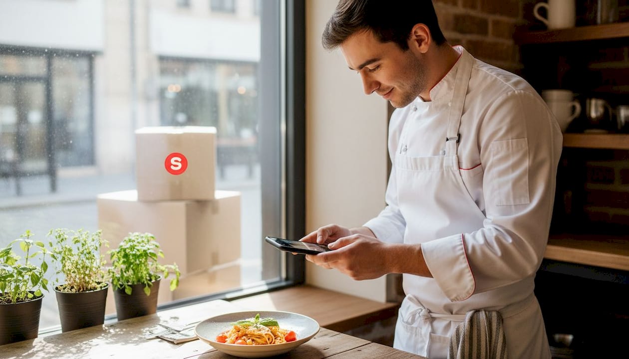 Chef photographiant la nourriture du restaurant avec un téléphone