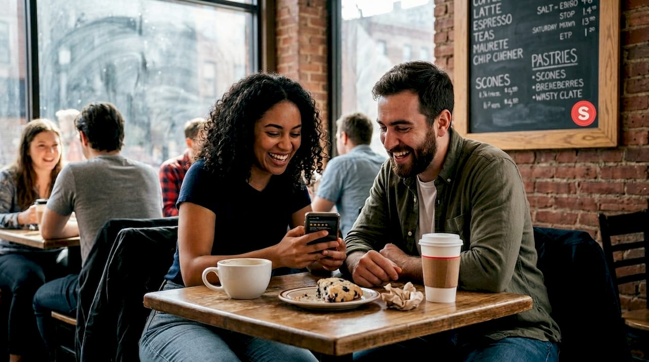 Amis lisant des avis de restaurants sur smartphone