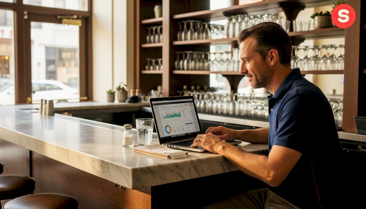 Owner reviews menu data at restaurant bar