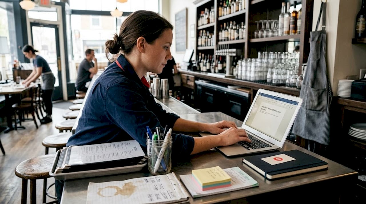 Serveur modifiant le menu numérique au comptoir du restaurant