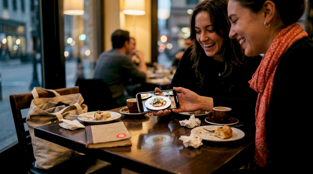 Amis regardant une vidéo de restaurant sur téléphone au café