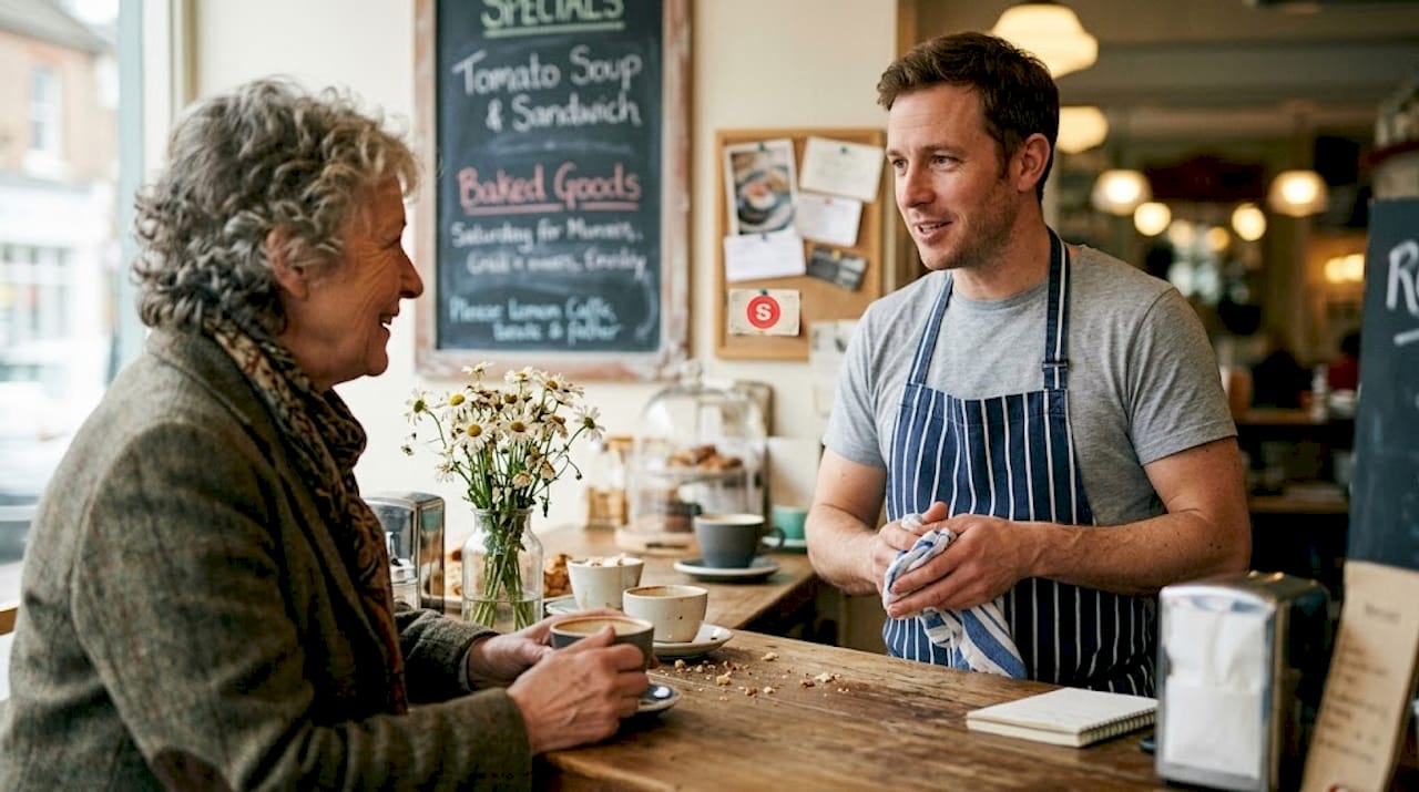 Chef saluant un client régulier dans un café