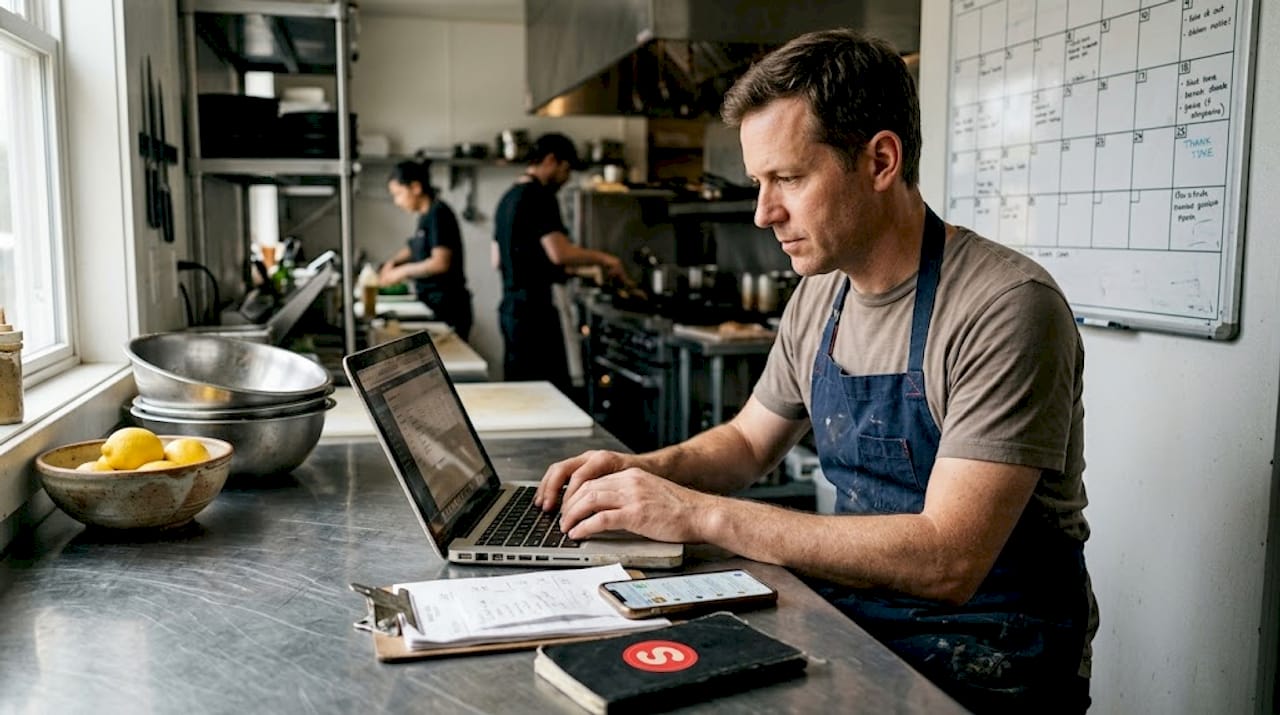 Restaurant manager updating workflow on laptop