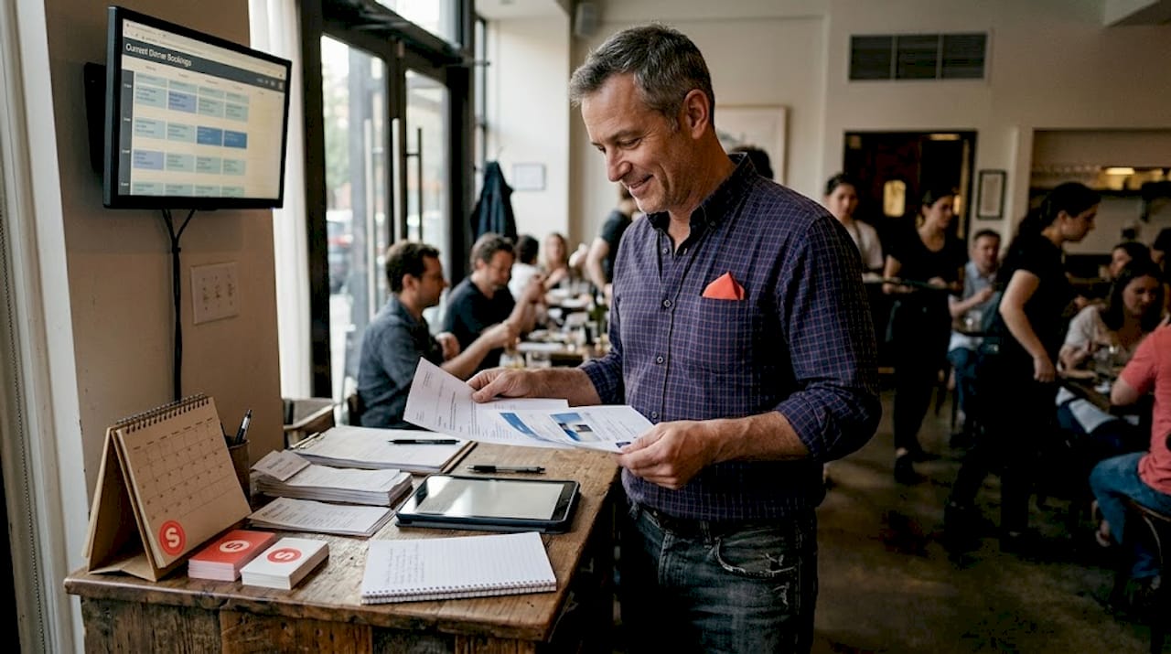 Restaurant owner reviewing marketing printouts