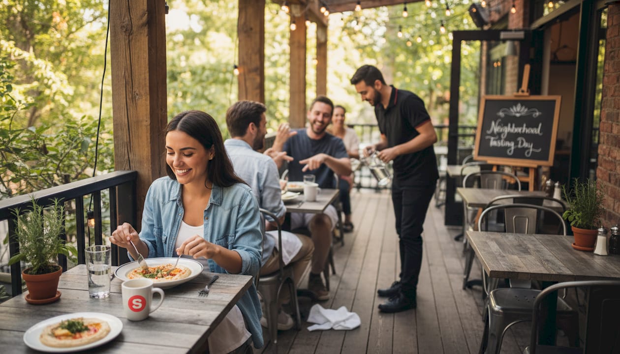 Habitants profitant d'un événement communautaire en plein air dans un restaurant