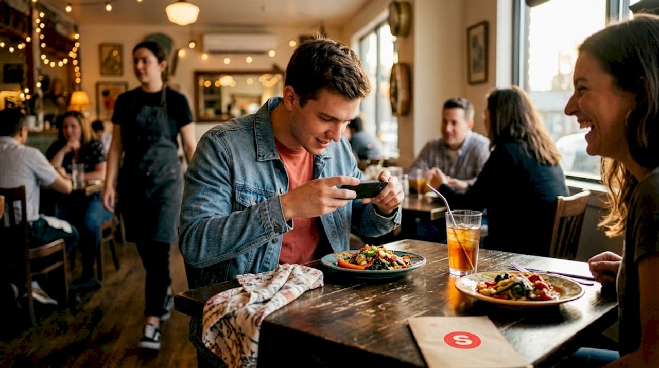 Client photographiant son repas à table dans un restaurant
