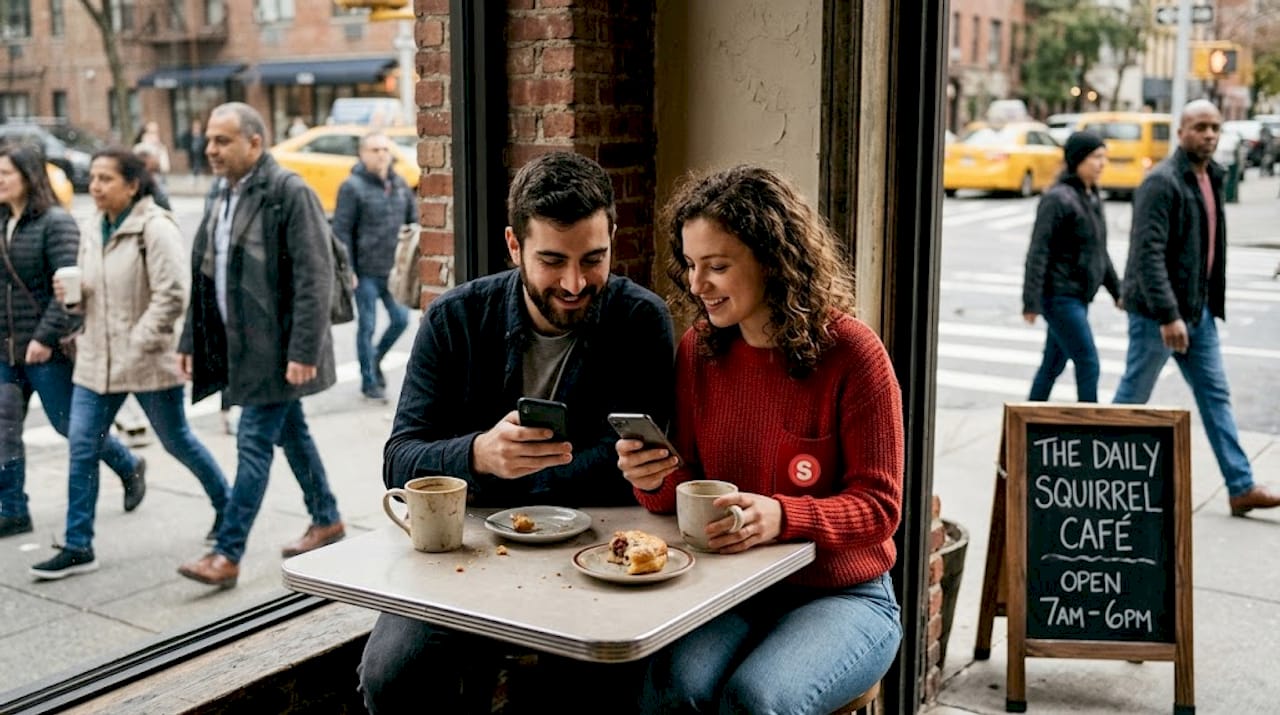 Couple using phones in cafe by street window