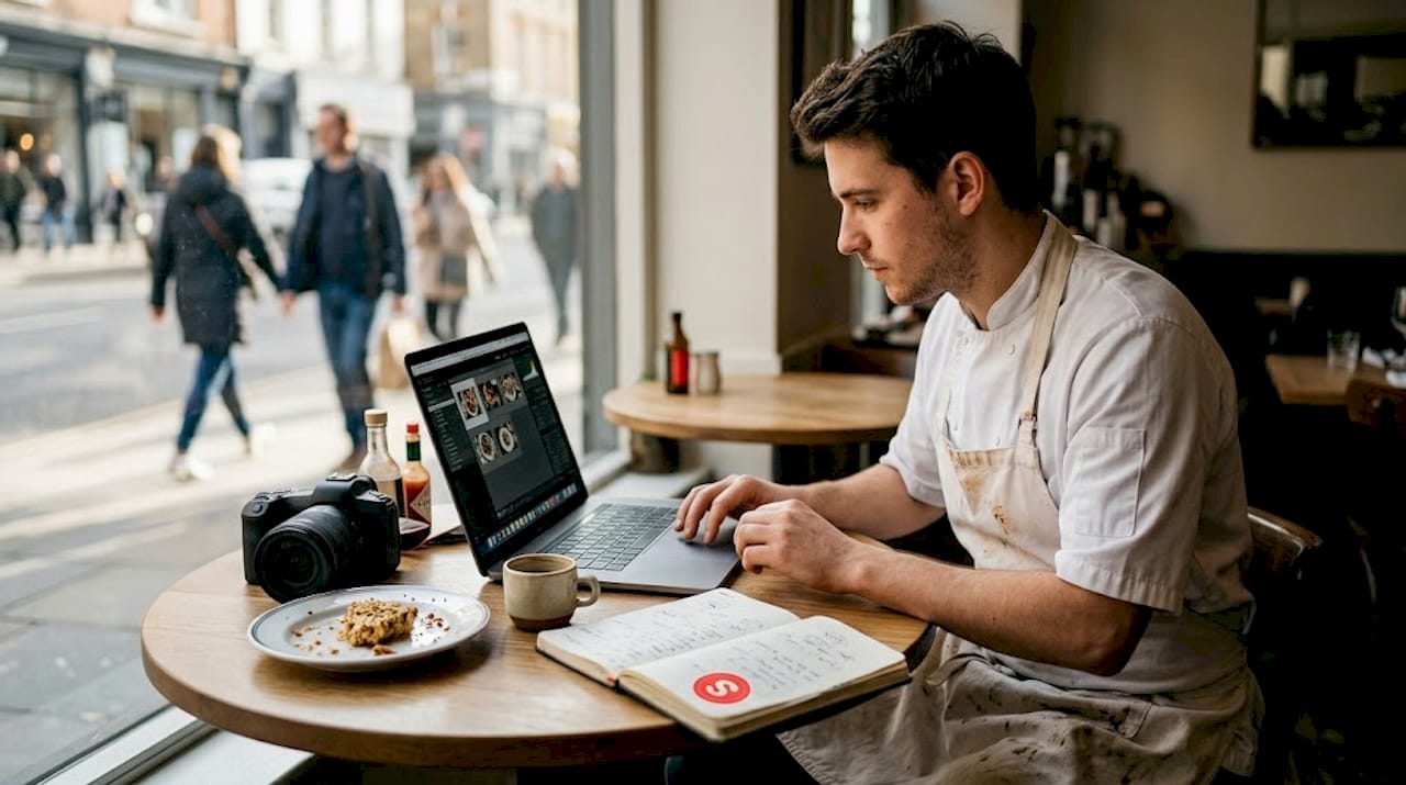 Personnel de restaurant téléchargeant des photos de plats sur un ordinateur portable