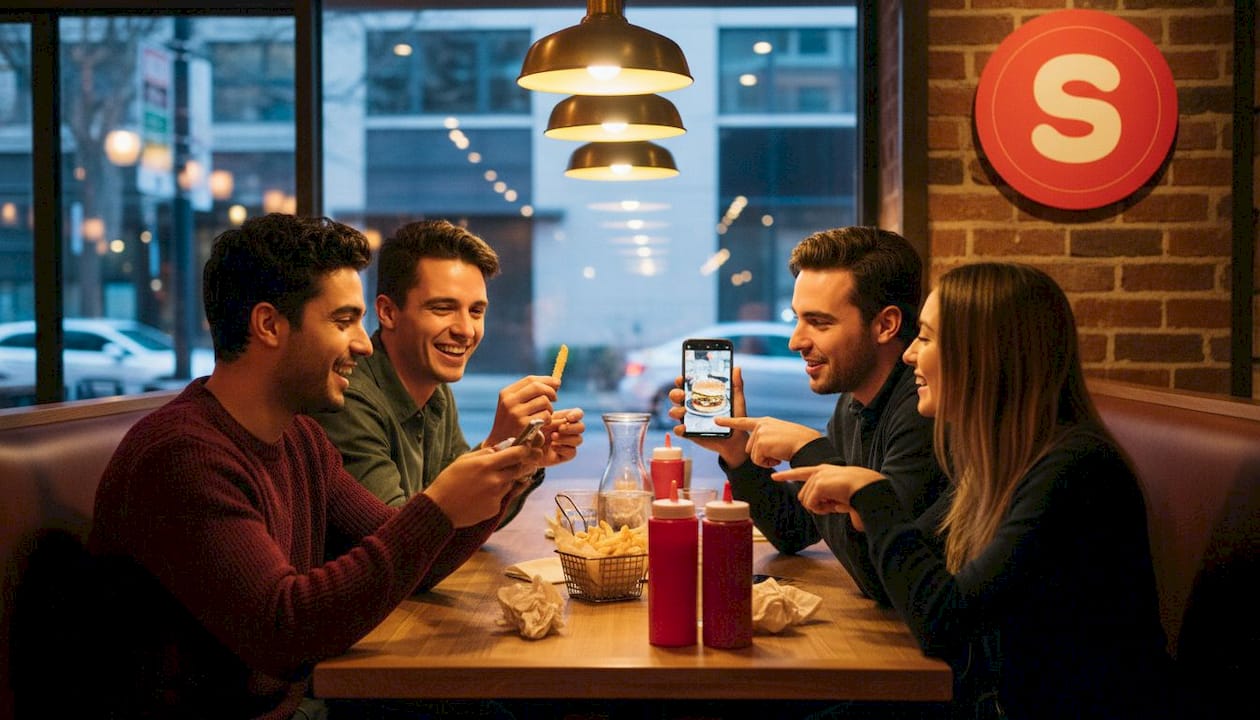 Des amis regardant des photos de nourriture ensemble