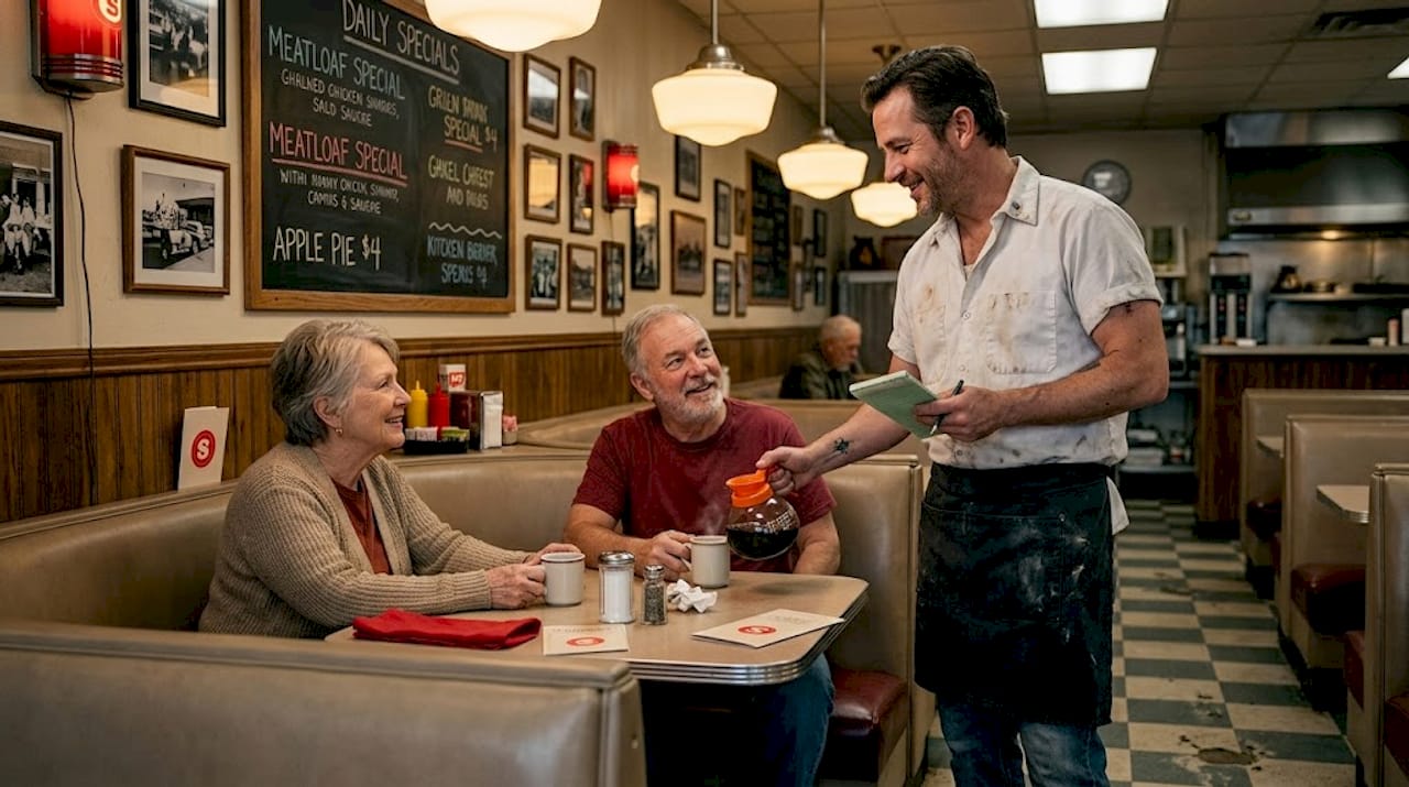 Server chatting with regular guests in diner booth