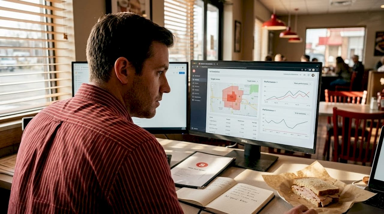 Manager studies local ad performance in office setting