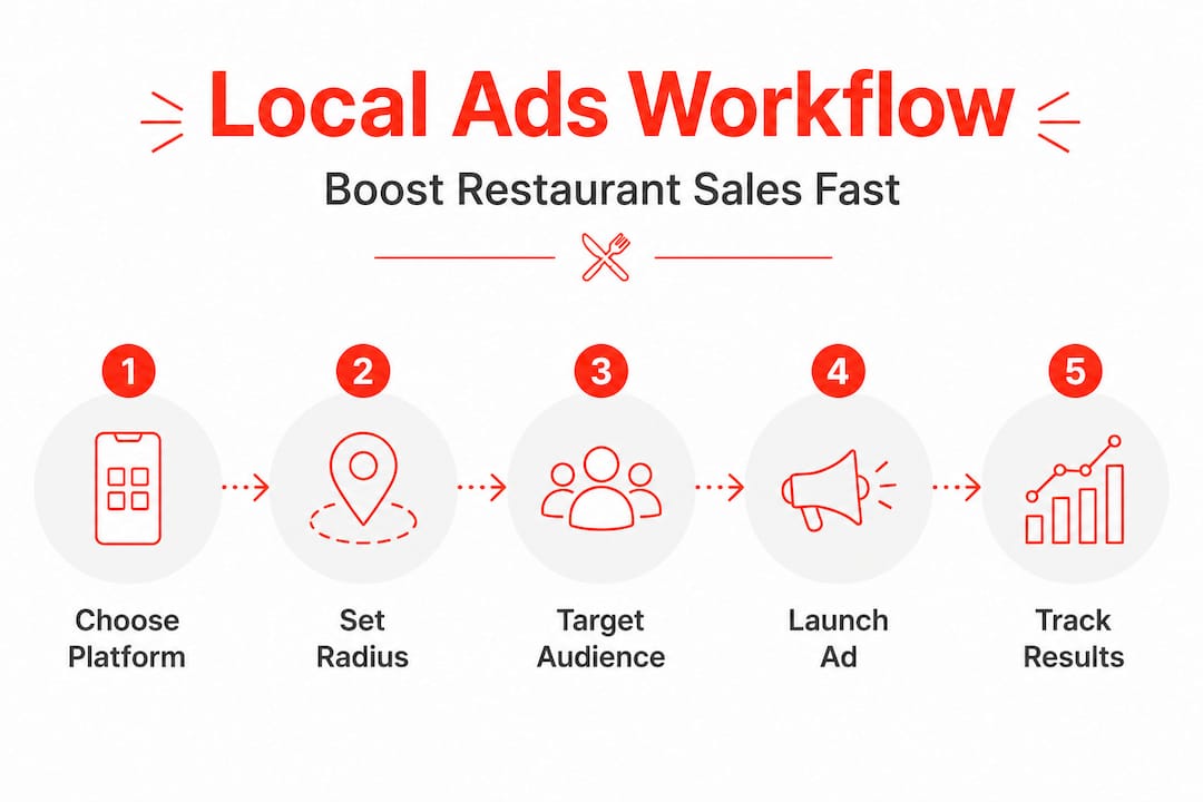 Infographic showing local ads workflow for restaurants