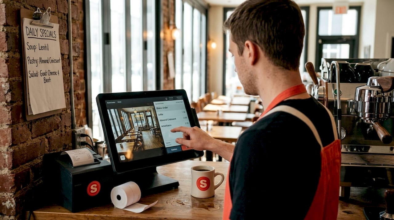 Waiter entering customer details in POS system