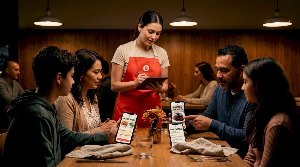 Server guiding customer digital menu upsell