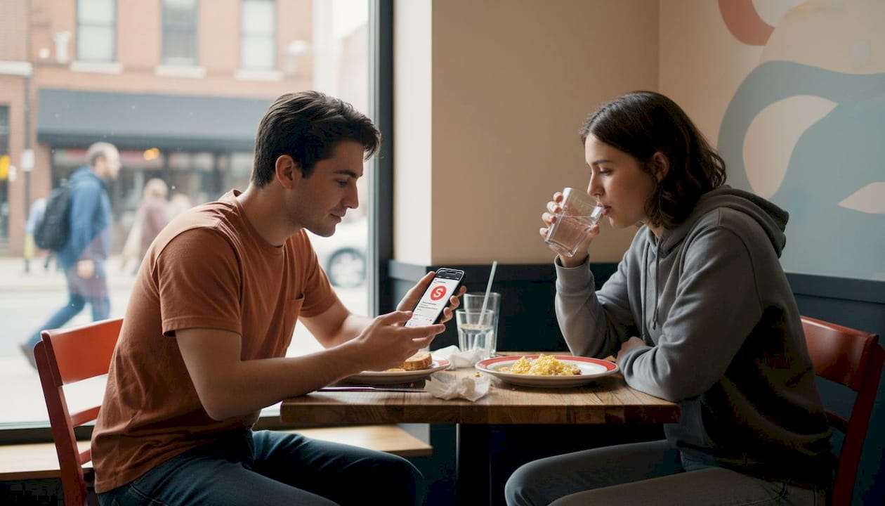 Diners checking restaurant reviews on phone