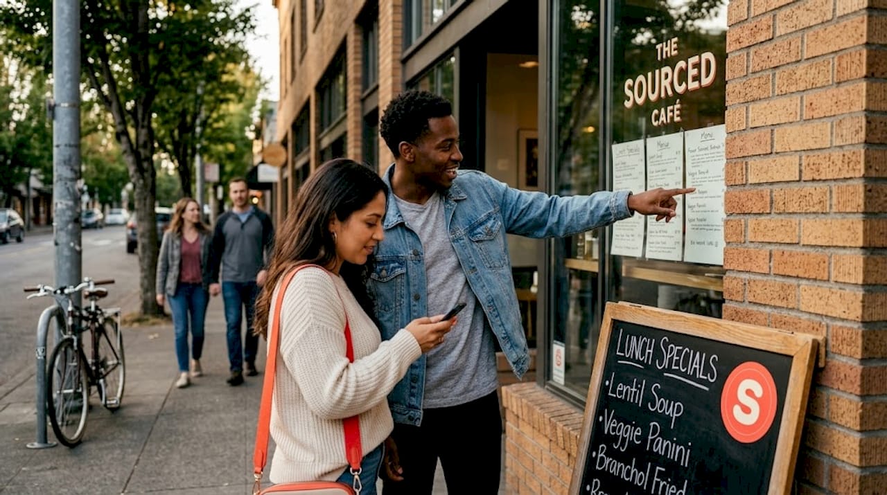 Friends browsing menu outside local restaurant